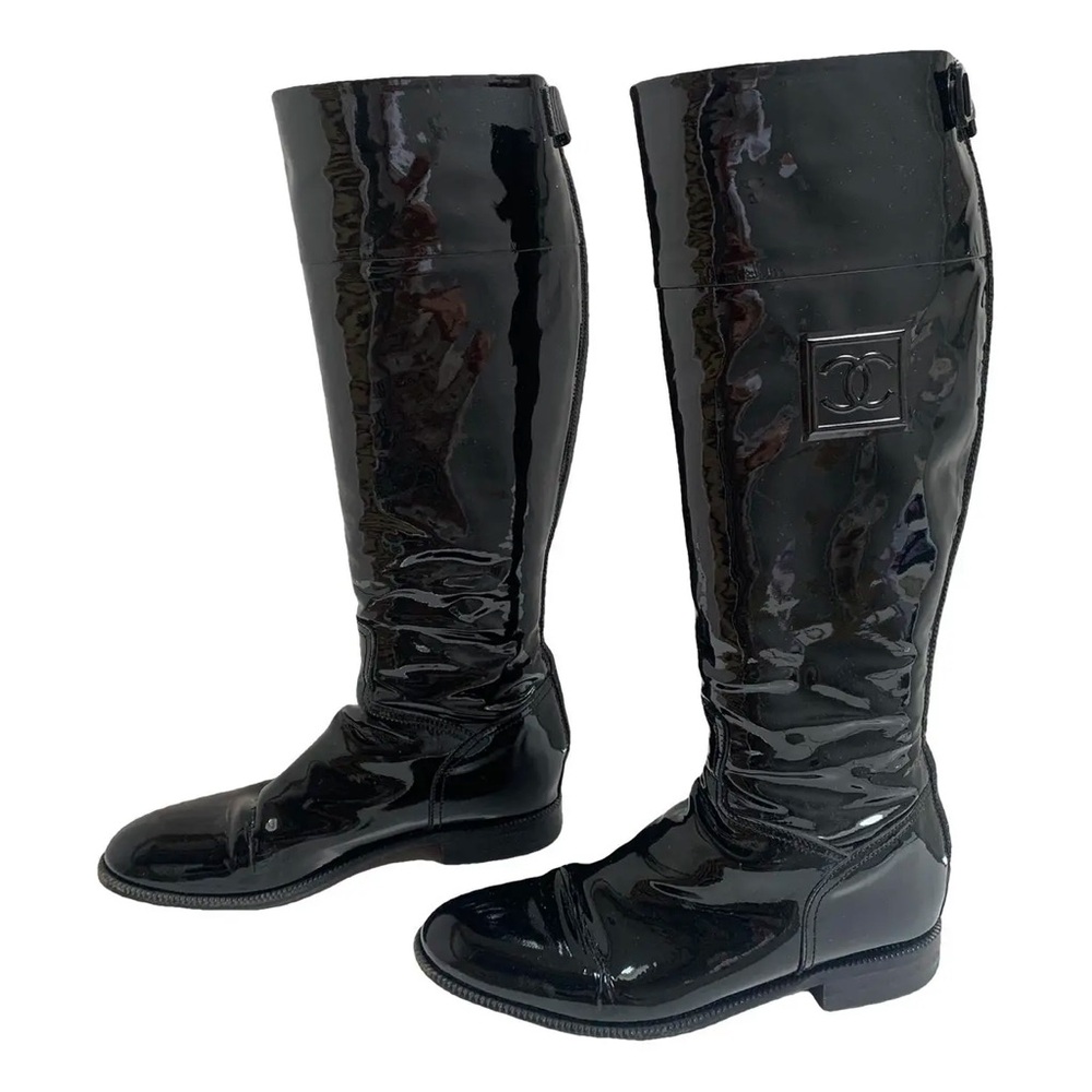 CHANEL Black Patent Leather Winter Boots